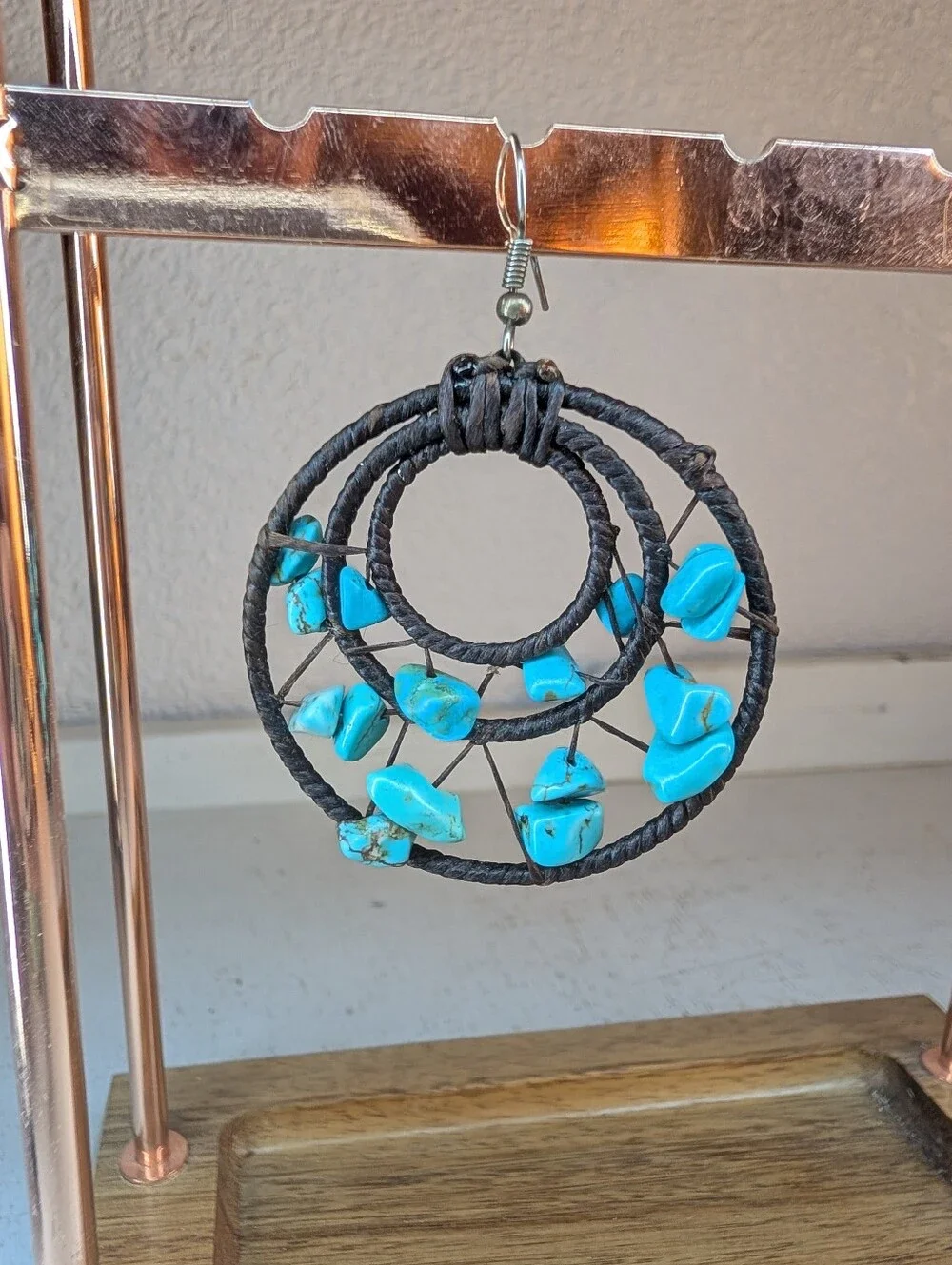 Turquoise Southwestern Boho Handmade Circular Dangle Earrings Wire Wrapped